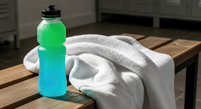 Refreshing sports drink next to white towel on wooden bench in locker room. Sports drink provides hydration before or after workout, ideal for fitness enthusiasts and athletes.