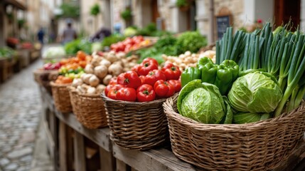 Fresh organic vegetables displayed in baskets at a local outdoor farmer's market on a cobblestone street