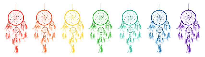 Dream catchers with feathers isolated on white, collage