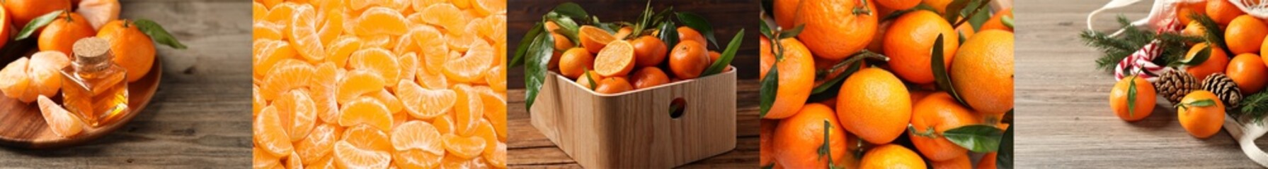 Collage with fresh tangerines, banner design. Citrus fruit