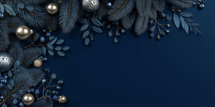 christmas background with a dark blue color, christmas tree branches and ornaments on the edges of the frame, minimalistic design, space for text in the center, 3d rendering illustration - Powered by Adobe