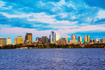 Naklejka premium Boston, Massachusetts, USA: 10 25 2025: Boston Charles river sunset fall landscape