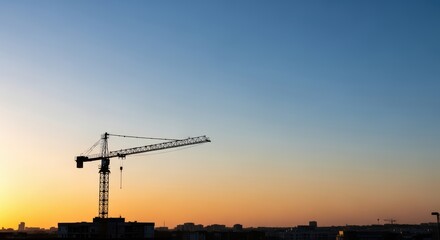 Fototapeta premium Silhouette of construction crane against sunset sky in urban landscape