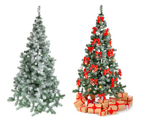 Christmas tree with festive ornaments and gift boxes on white background. Decorating process, collage