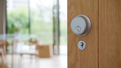 Smart lock system installed on an oak wood front door entrance