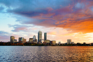 Fototapeta premium Boston, Massachusetts, USA: 10 25 2025: Boston Charles river sunset fall landscape