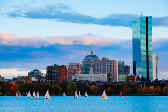 Boston, Massachusetts, USA: 10 25 2025:  Boston Charles river sunset fall landscape