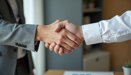 Two professionals shake hands after a business meeting. They agree on a deal. Agreement made, handshake seals contract. Successful partnership starts.
