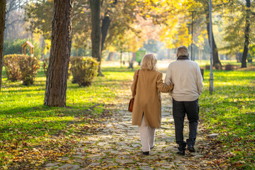 Senior couple strolling through a park on a sunny autumn day