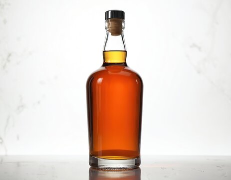 Clear glass bottle contains amber liquid. Sealed with cork and metal cap. Isolated on white marble background. Minimalist studio shot of alcohol drink.
