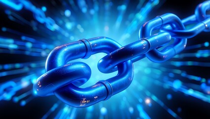 Abstract Blue Metallic Chain Illustration Concept of Blockchain Technology and Security
