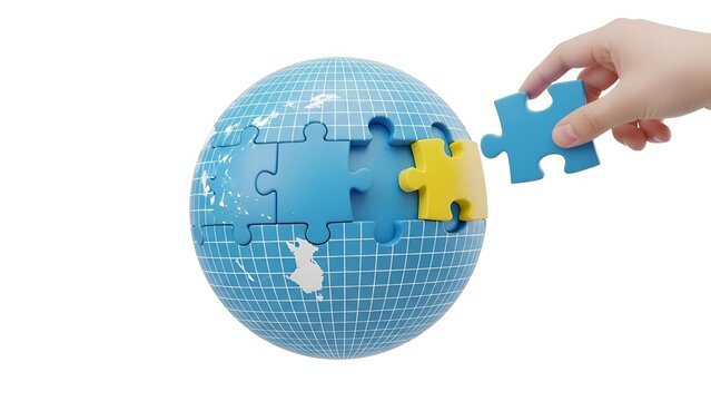 Hand placing puzzle piece into blue globe model  