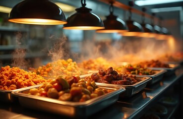 Hot food steam rises from buffet trays filled with various dishes. Multiple lamps provide warm light over the culinary spread. Catering service prepares meals for customers in restaurant kitchen.