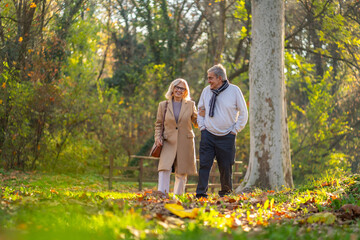 Happy senior couple enjoying a walk in a park on a sunny autumn day