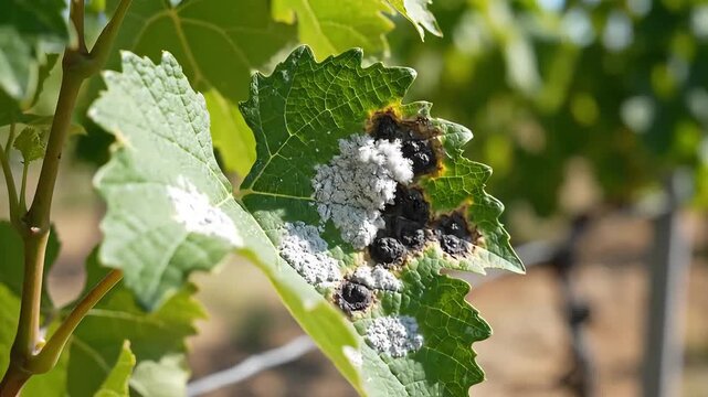 Grape Leaf Disease Powdery Mildew and Damage on Vine.