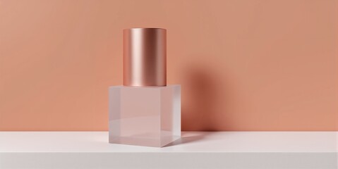 Minimal product mockup with metallic cylinder on clear glass cube pedestal creating luxury cosmetic branding scene on warm pastel background with copy space