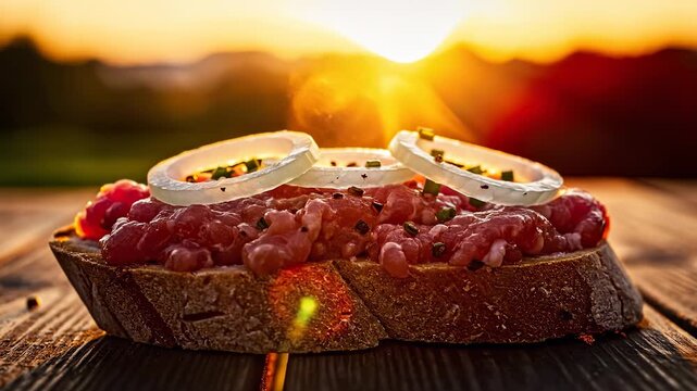 a slice of rustic bread topped with fresh, pink meat and white onion slices, capturing an inviting meal at sunset. This beautiful bread dish glistens under the w