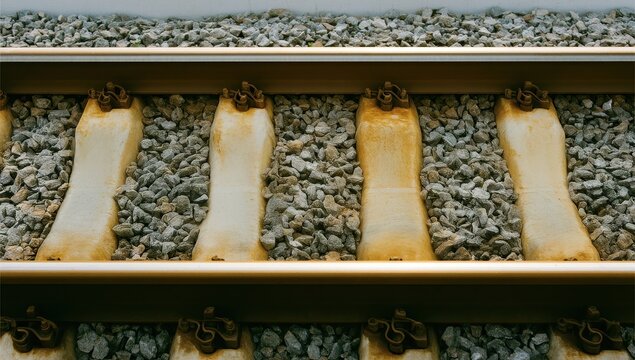 Close-up view of railway tracks with ballast, showing the sleepers and fastening system