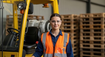 Female worker operating forklift in warehouse with stacked pallets