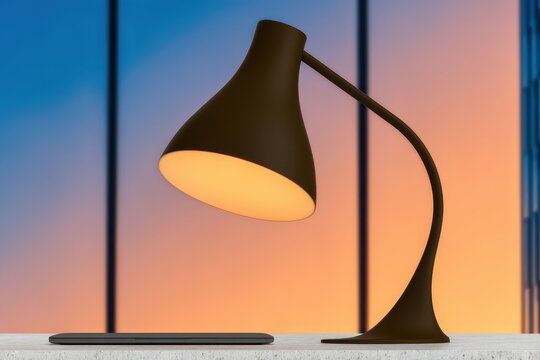 A modern desk lamp illuminates a laptop on a minimalist desk against a vibrant sunset backdrop