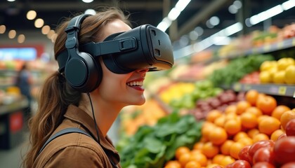 Woman wears VR headset, smiles in market aisle. She experiences virtual shopping among fresh fruits and vegetables, exploring modern retail technology with joy.