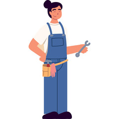 Woman In Blue Overalls With Tool Belt Holding Wrench Smiling Confidently Ready For Work With Transparent Background