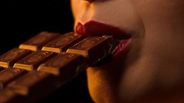 Close-up of a womans mouth with red lipstick biting into a bar of dark chocolate, indulging in a sweet treat.