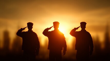 Three military silhouettes salute at sunset. Large figures in the foreground, background light, blurred urban background.