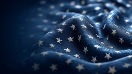 Close-up of the blue canton of the US flag. White stars on the folds of the fabric, visible texture, soft side. Symbols for state and memorable dates.