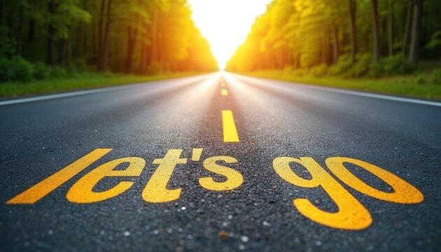 Straight asphalt road leads into forest with sunlight breaking through trees. Lets Go text guides travelers toward open horizon progress, new beginnings. Image evokes optimism, adventure.