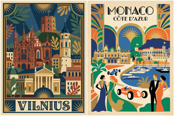 Naklejka premium Vilnius and Monaco Art Deco Travel Poster Set. Historical and Riviera Glamour.