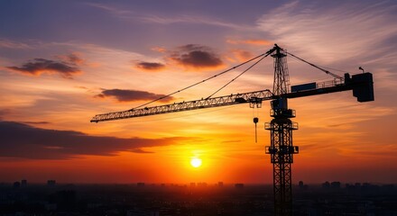Silhouette of tower crane against vibrant sunset over city skyline