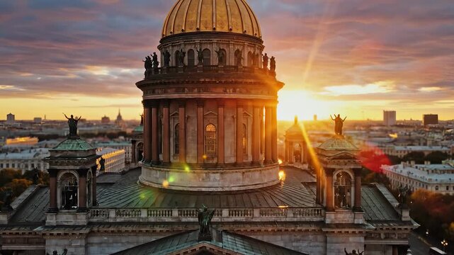 a stunning sunset over a grand dome, where the golden sunlight gleams on the architectural details of the dome. The dome captures the beauty of the sunset as it hig