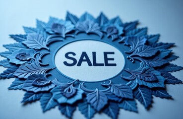 Sale sign surrounded by decorative blue leaf motif for promotional display