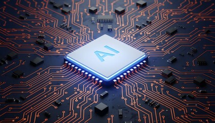 A glowing blue AI microprocessor chip sits at the center of a complex orange circuit board.