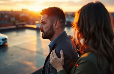 Couple on a rooftop at sunset sharing a quiet, intimate moment during golden hour