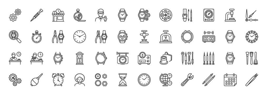 Watch repair and horology line icon set. Vector pictograms of wristwatch, mechanic, clock, gears, screwdriver, loupe, tweezers and timer, thin linear illustration.