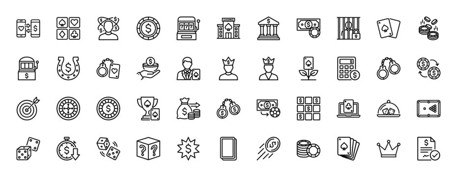 Gambling and casino line icon set. Vector pictograms of playing cards, slot machine, roulette wheel, and money, thin linear illustration.