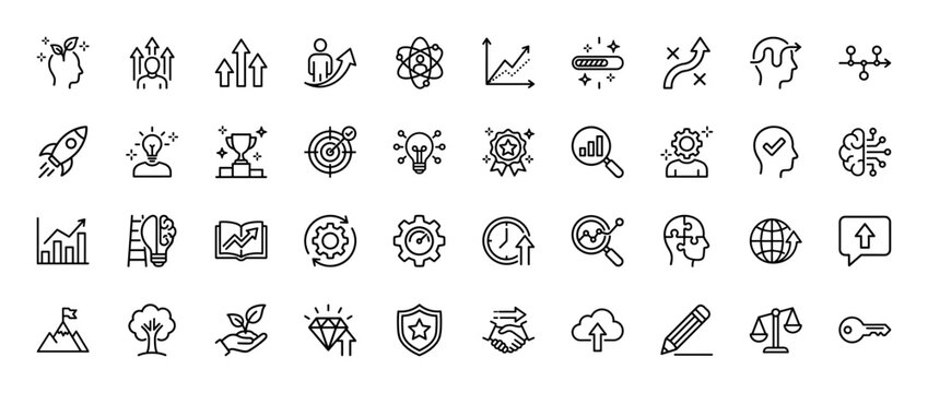 Business and personal growth line icon set. Vector pictograms of success, target, management, and idea, thin linear illustration.