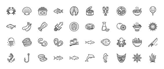 Naklejka premium Seafood and fishing line icon set. Vector pictograms of lobster, crab, salmon, octopus, and sushi, thin linear illustration.
