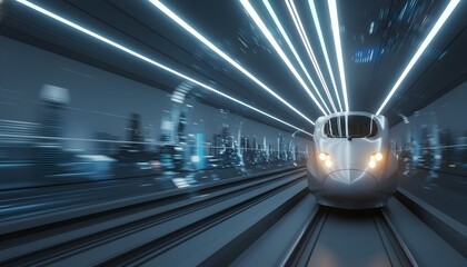 A futuristic high-speed train travels through a tunnel with bright neon lights.