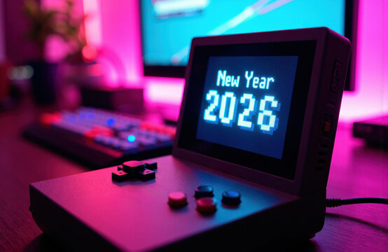 Handheld gaming console with a neon-lit desk setup displaying New Year 2025