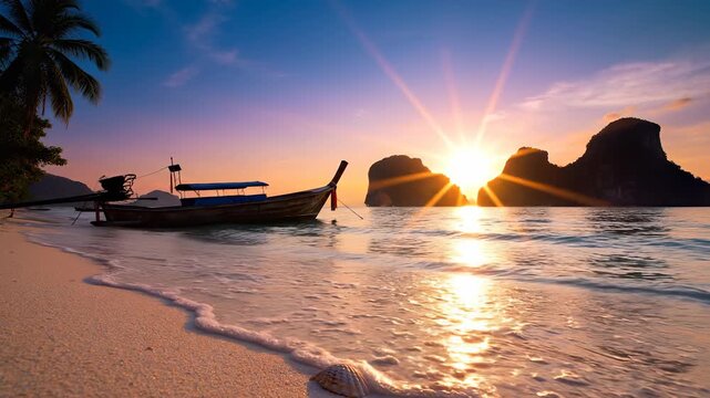 a tranquil beach at sunset, where a traditional boat rests on the sandy shore. The stunning sunset casts a golden glow over the water and creates beautiful reflec