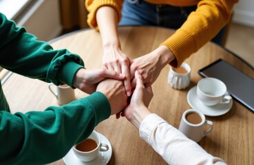 Teamwork among colleagues with hands joined over a coffee break during collaboration