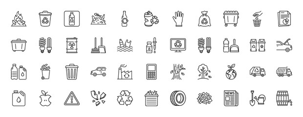 Ecology and recycling line icon set. Vector pictograms of trash cans, waste barrels, garbage trucks, and pollution warnings, thin linear illustration.