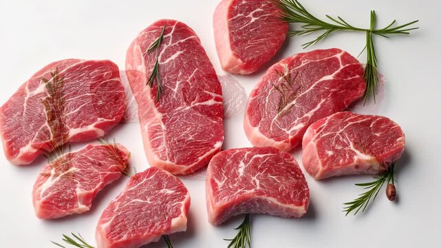 Fresh raw beef steaks with rosemary on white background showcasing quantity and variety