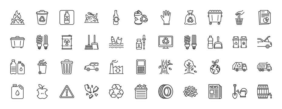 Ecology and recycling line icon set. Vector pictograms of trash cans, waste barrels, garbage trucks, and pollution warnings, thin linear illustration.