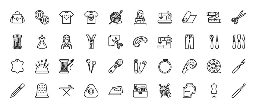Sewing and tailoring icon set. vector pictograms of needle, thread, fabric, machine, dress, and shears, thin linear illustration.