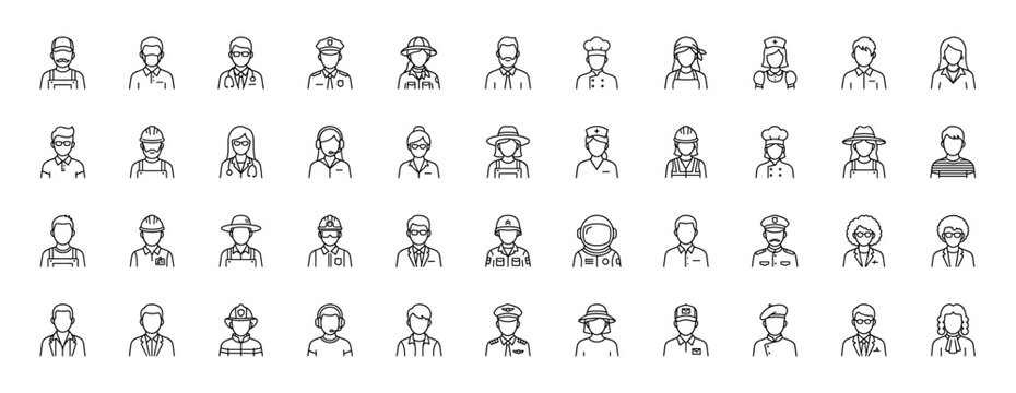 People and occupations line icon mega set. Vector pictograms of police officer, doctor, chef, construction worker, astronaut, and pilot, thin linear illustration.