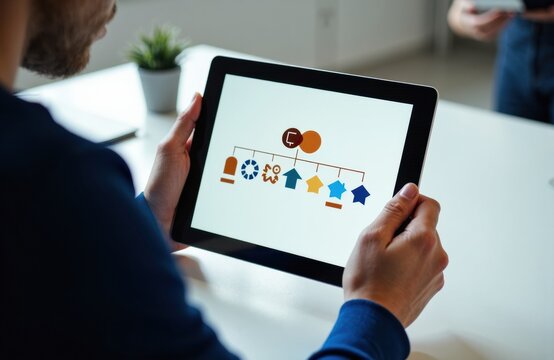Man using tablet to review a workflow diagram in a bright modern office